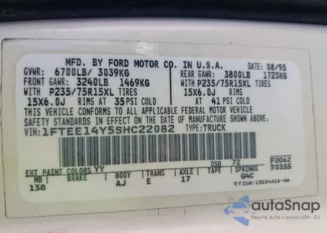 1995 Ford Econoline E150 Van z USA, uszkodzony, nr VIN 1FTEE14Y5SHC22082